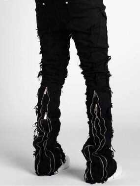 Guapi Men’s 30 Stacked Black Obsidian Distressed Jeans Zippers Relaxed Straight